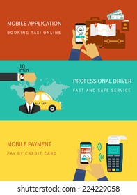 Flat vector illustration concept process of booking taxi via mobile app