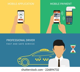 Flat vector illustration concept process of booking taxi via mobile app