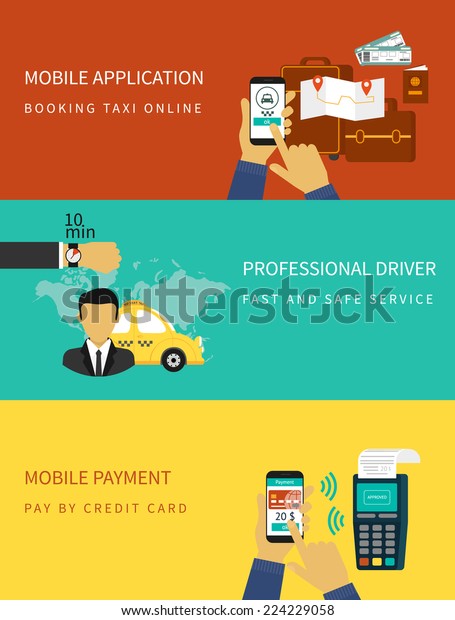 Flat vector illustration concept process of booking\
taxi via mobile app