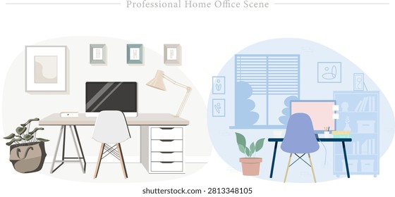 Flat vector illustration concept of a professional home office scene, minimalist workspace design, and remote job interiors. This clean, horizontal dual-pane graphic showcases aesthetic and organized spaces tailored for freelance professionals, digital nomads, and remote employees. On the left side, a modern Scandinavian-style home office setup features a light wooden desk holding a large desktop computer monitor and a sleek keyboard, paired with a white mid-century modern rolling chair. The room is decorated with a geometric desk lamp, a chest of drawers, framed wall art, and a lush potted plant in a fabric bag basket, exuding a calm, neutral color tone. On the right side, a cool blue-toned home workspace is shown from a rear perspective, featuring a dark blue desk with a pinkish monitor display screen and a violet accent chair. This setup includes an indoor floor plant, a window with horizontal blinds letting in soft shapes of nature, small framed wall graphics, and a tall bookshelf filled with books and files, highlighting a highly organized and quiet studying environment. Perfect for real estate interior blogs, modern furniture catalogs, remote work lifestyle articles, productivity software banners, and interior design presentations.