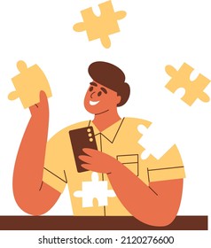 Flat vector illustration. The concept of psychological help online by phone. A man puts himself together like a puzzle. Online psychological consultations, mental health.