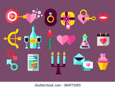 Flat vector illustration concept of romantic relationship, love, Valentine's day, dating, romance and more, thin line icons set. Design banners for website. Romantic stuff