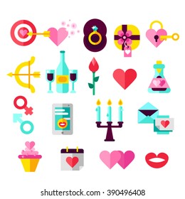 Flat vector illustration concept of romantic relationship, love, Valentine's day, dating, romance and more, thin line icons set. Design banners for website. Romantic stuff