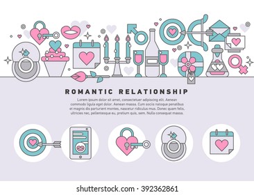 Flat vector illustration concept of romantic relationship, love, Valentine's day, dating, romance and more, thin line icons set. Design banners for website. Romantic stuff