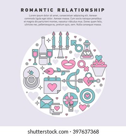 Flat vector illustration concept of romantic relationship, love, Valentine's day, dating, romance and more, thin line icons set. Design banners for website. Romantic stuff
