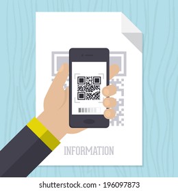 Flat vector illustration concept for scanning QR code with mobile smart phone 