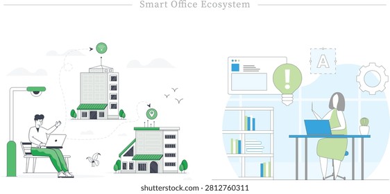 Flat vector illustration concept of smart office ecosystem, hybrid work model, and cloud connectivity. This split-screen design visualizes the integration of technology in modern business landscapes. On the left side, a remote employee sits on a bench working on his laptop under a smart street lamp with a built-in security camera, connected digitally to various corporate office buildings featuring wireless network and location pin locator icons. On the right side, a female professional works on her laptop at her desk next to a bookshelf, surrounded by smart workplace tools such as a web browser window, a giant green lightbulb representing creative ideas, a settings gear, and a graphic design text layout block. Perfect for hybrid workspace software landing pages, smart city technology blogs, corporate IoT system presentations, modern HR management banners, and tech startup marketing designs.