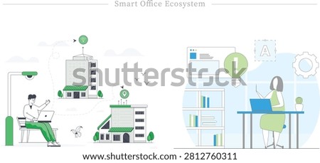Flat vector illustration concept of smart office ecosystem, hybrid work model, and cloud connectivity. This split-screen design visualizes the integration of technology in modern business landscapes. On the left side, a remote employee sits on a bench working on his laptop under a smart street lamp with a built-in security camera, connected digitally to various corporate office buildings featuring wireless network and location pin locator icons. On the right side, a female professional works on her laptop at her desk next to a bookshelf, surrounded by smart workplace tools such as a web browser window, a giant green lightbulb representing creative ideas, a settings gear, and a graphic design text layout block. Perfect for hybrid workspace software landing pages, smart city technology blogs, corporate IoT system presentations, modern HR management banners, and tech startup marketing designs.
