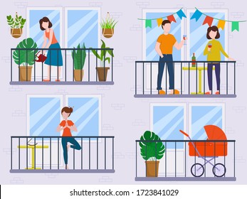 Flat vector illustration: concept of social isolation during the coronavirus pandemic. Balconies with people during quarantine. To stay home.