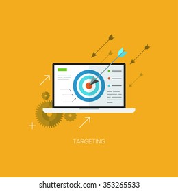 Flat vector illustration concept for targeting. Business laptop target marketing arrow idea. Design elements for web and mobile applications, infographics and workflow layout