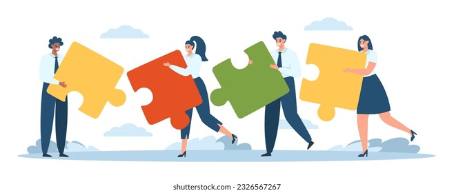 Flat vector illustration. The concept of teamwork, unified purpose. People in sobi office clothes give a big puzzle. 