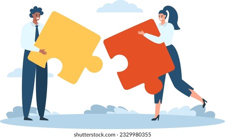 Flat vector illustration. Concept of teamwork, unified purpose. A black man and a white woman put together a jigsaw puzzle. Vector illustration