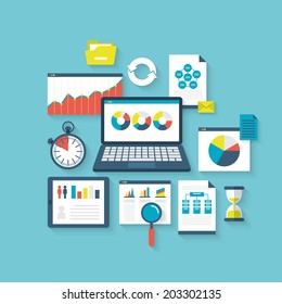 Flat vector illustration concept of website seach optimization and web analytics elements