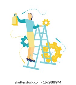 Flache Vektorillustration Illustration, das Konzept einer Frau, die den Steppader von Hand klettert und eine Laternensymbol mit flachem Design in Blau und Gelb hält.