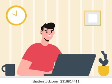 Flat vector illustration. Concept of working from home. Young man working at his computer at home. Freelancer