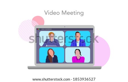 Flat vector illustration of conference technology with video conference. Perfect for design elements from shared video calls, remote meetings and working remotely. The laptop screen video meeting.