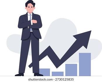 Ilustração vetorial plana de um empresário confiante em pé perto de uma seta para cima e gráfico de barras, simbolizando o crescimento do negócio, sucesso, progresso financeiro e desenvolvimento de carreira. Design minimalista moderno adequado para apresentações, sites, materiais de marketing, startups, relatórios corporativos e conceitos financeiros.