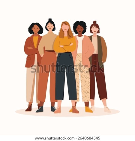 Flat Vector Illustration Confident Diverse Women Standing Together Pastel Tones Empowering