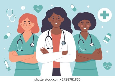 Ilustração de vetor plano de profissionais médicos femininos confiantes com estetoscópios. Saúde, equipe hospitalar e conceito de medicamento para sites, aplicativos, banners e serviços médicos da clínica