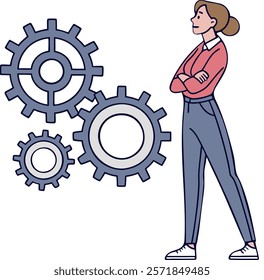 Flat vector illustration of a confident woman standing next to large gears, symbolizing teamwork, innovation, and productivity. Perfect for business, technology, and career-related designs.