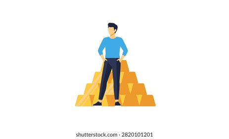A flat vector illustration of a confident young man standing with his hands in his pockets in front of a large stack of gold ingots arranged in a pyramid shape. The image represents financial success, wealth accumulation, investment growth, and economic prosperity. The minimalist design features a clean white background, emphasizing the subject and the gold.