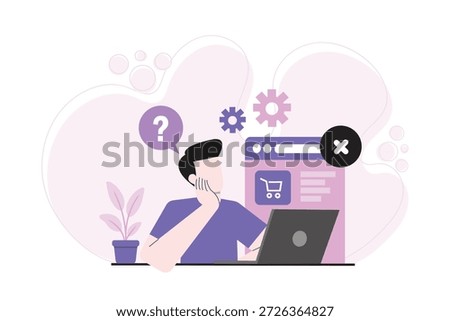 Flat vector illustration of a confused man using a laptop with an e-commerce website error. Concept of online shopping problem, checkout failure, user experience issue, customer confusion, and digital commerce troubleshooting.