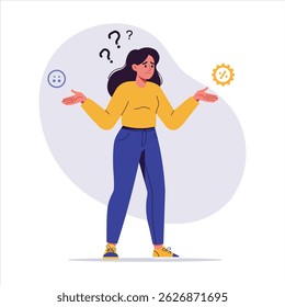 Ilustração de vetor plano de uma mulher confusa fazendo uma escolha difícil entre duas opções. Conceito de tomada de decisão, hesitação e dilema mental. Adequado para negócios, psicologia ou estilo de vida 