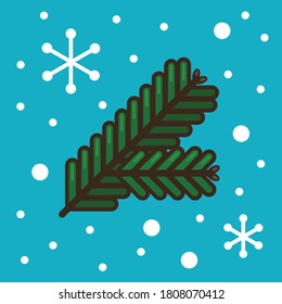 Flat vector illustration with conifer twig and snowflakes. Cute icon for sticker, card, print, web or other design. Colorful Christmas or New Year image.