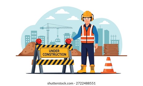 Flache Vektorgrafik eines Bauarbeiters, der an einer Baustelle neben einem Unterbau-Sperrschild steht, ideal für die Kommunikation über die Bausicherheit, Straßenwarnungen, Infrastruktur