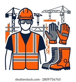 Flat vector illustration of a construction worker wearing personal protective equipment with safety vest helmet gloves boots and cranes in the background