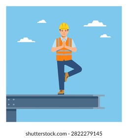 Flat vector illustration of a construction worker in a safety vest and hard hat performing a yoga tree pose on a steel beam against a blue sky