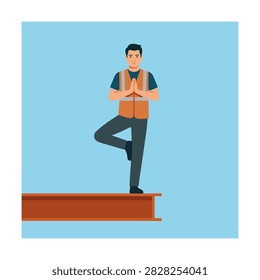 Flat vector illustration of a construction worker in a safety vest performing a yoga tree pose on a steel beam for mental wellness and work life balance