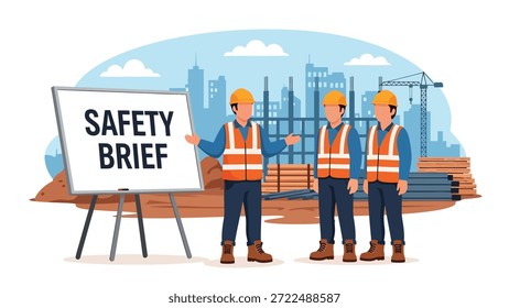 Flache Vektorgrafik von Bauarbeitern, die an einem Sicherheitsbriefing auf einer Baustelle teilnehmen, ideal für Sicherheitsschulungen am Arbeitsplatz, Bauhandbücher, Präsentationen und Gesundheit am Arbeitsplatz