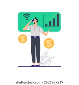 Ilustração vetorial plana de um consultor que aconselha um cliente com gráficos e dados. Ideal para ilustrar conselhos de negócios e sessões de estratégia.