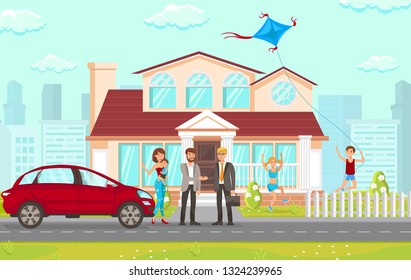 Flat Vector Illustration Consulting Law Firm in Real Estate Matters. Family with Children Thanks Man in Business Suit with Briefcase for Helping to Resolve Legal Issues with Real Estate. 
