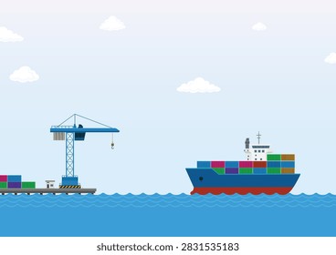 Flat Vector Illustration of Container Ship and Harbor Crane Representing Global Shipping and Logistics