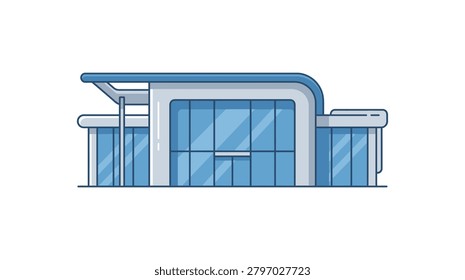 A flat vector illustration of a contemporary commercial building featuring large glass windows, a sleek blue roof, and a clean minimalist structure