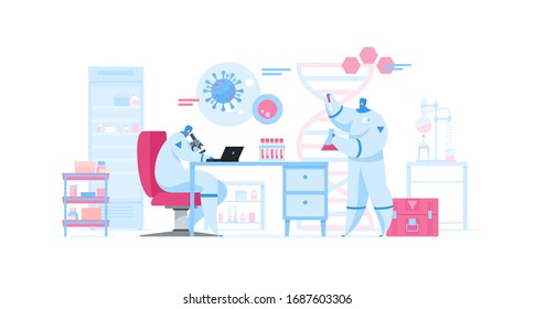 Flat vector illustration of contemporary research scientists working hard on new effective vaccine against coronavirus in modern laboratory with medical equipment