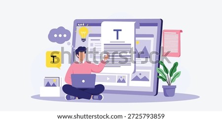 Flat vector illustration of content creation and copywriting process with laptop, text editing tools, digital marketing and creative writing concept