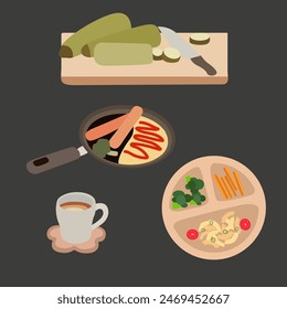 Flat vector illustration of cooked food, zucchini, fried eggs with broccoli and sauce, cup of coffee, wooden plate with balanced nutrition
