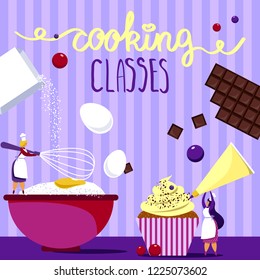 Flat vector illustration cooking class poster with women chef in white aprons and whisk preparing cupcake. Elements for recipe planning, menu design, card, website, cover, with cooking ingredients.