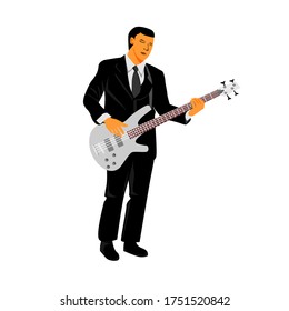flat vector illustration cool man wear suit or coat play bass