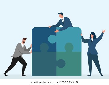 Flat vector illustration of cooperation, team building, and combining skills to achieve a shared business goal