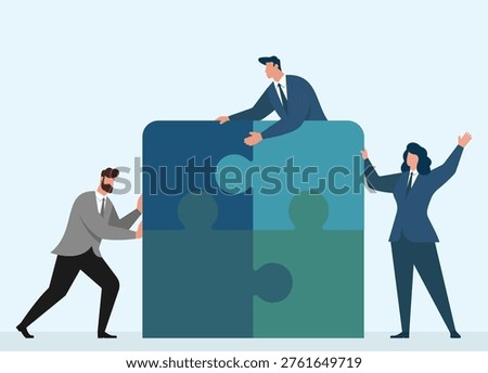 Flat vector illustration of cooperation, team building, and combining skills to achieve a shared business goal
