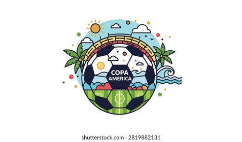 Flat vector illustration for Copa America soccer tournament featuring a stylized ball with integrated stadium architecture, palm trees, ocean waves, and sun on white background.