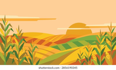 A flat vector illustration of a cornfield landscape at sunset with rolling hills and stylized crops.