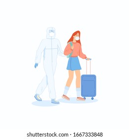 Flat vector illustration. Coronavirus quarantine. Concept of quarantine coronavirus. People in white protective suit and mask. Infection, epidemic. Paramedics isolate girl with fever. Virus spreads 
