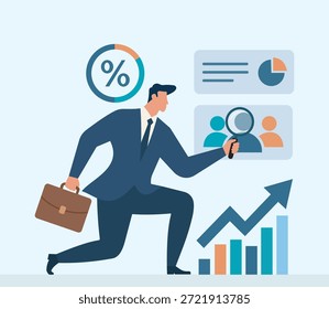 Ilustración vectorial plana de análisis corporativo, que muestra un ejecutivo examinando gráficos, perfiles de usuario y tendencias de ganancias en aumento