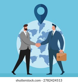 Flat vector illustration of corporate partners making a global deal. The handshake across a world map represents worldwide business cooperation