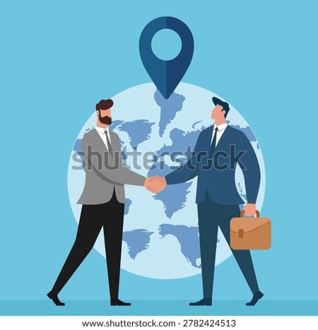 Flat vector illustration of corporate partners making a global deal. The handshake across a world map represents worldwide business cooperation